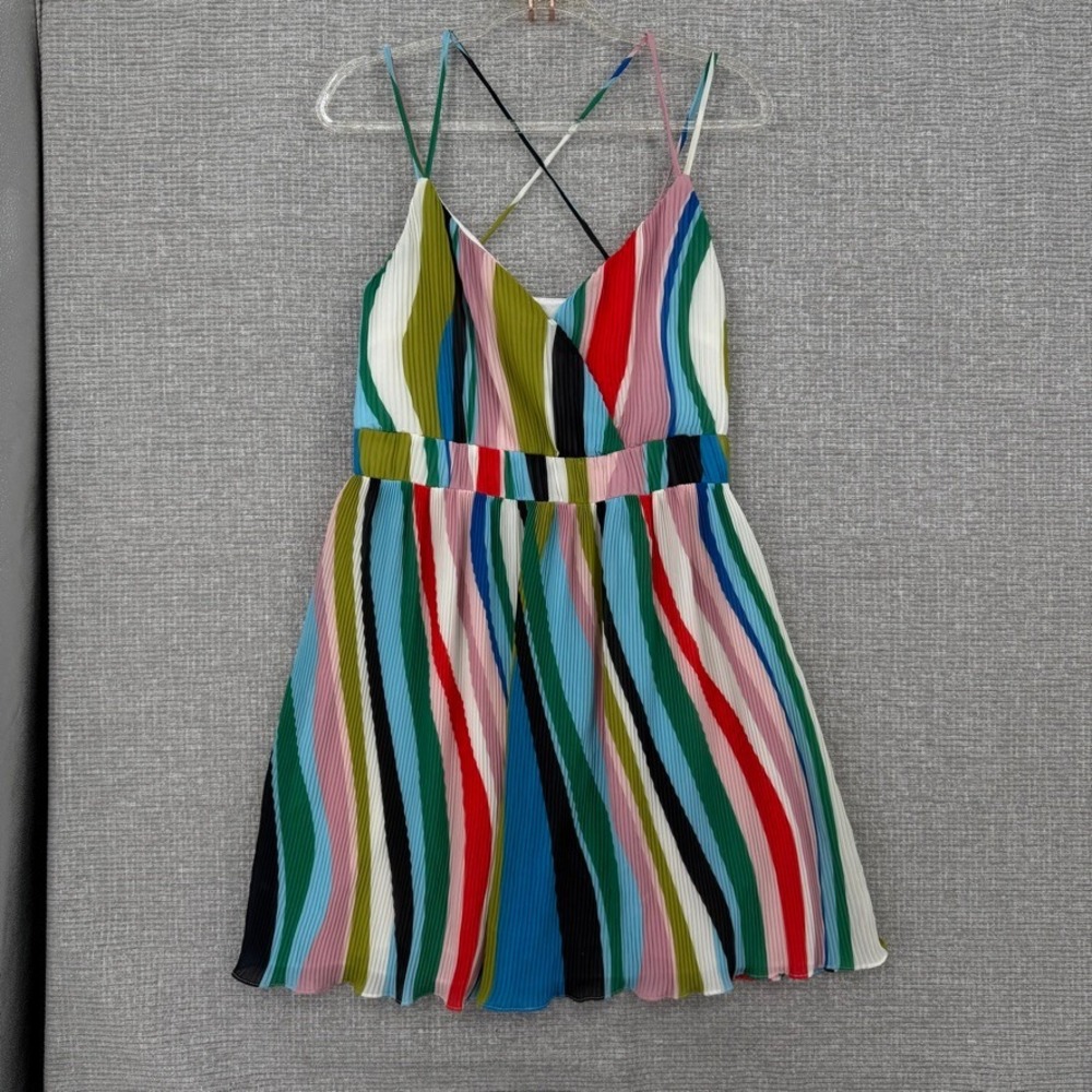 Waverly Grey Striped Pleated Mini Dress Womens Sz S Multi Color Boho Brunch